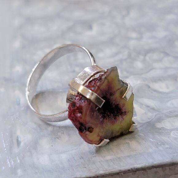 Yellow and Pink Agate Slice Statement Rings, 0.57 Inch Ring, Size 8 - Picture 3 of 10